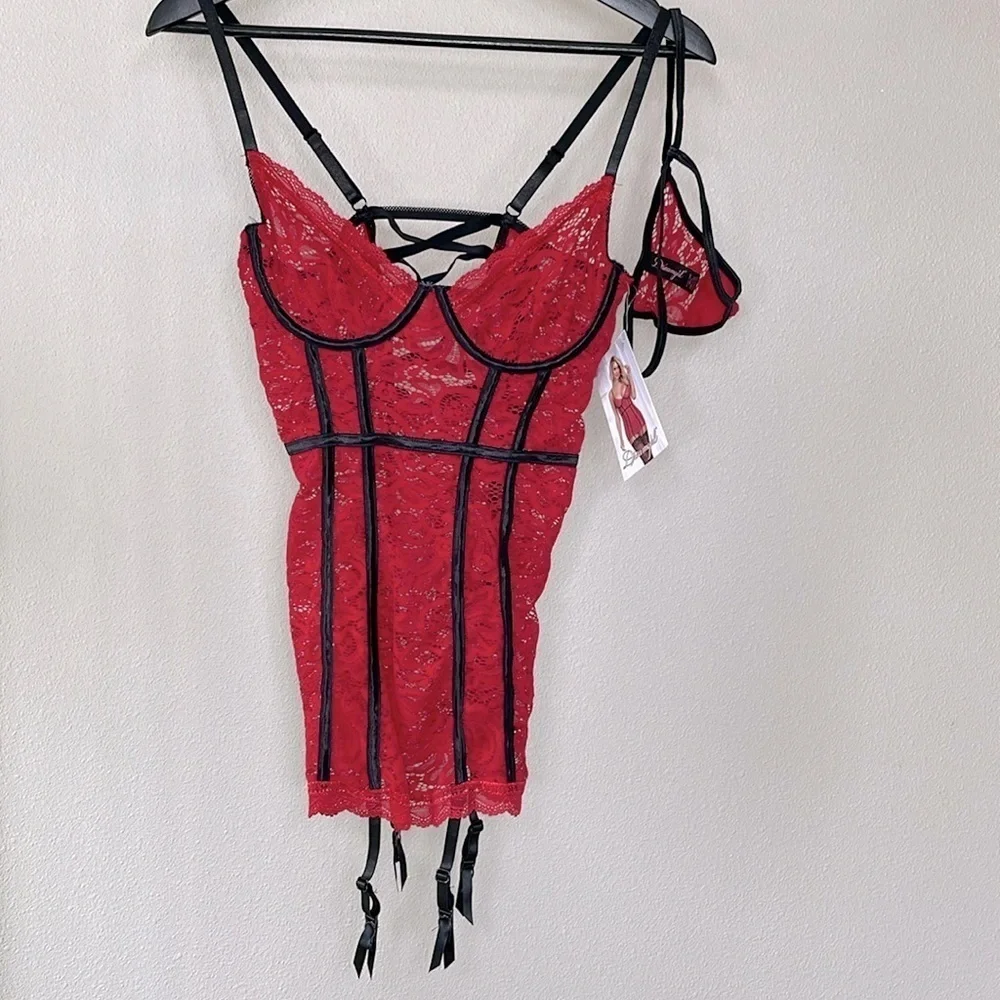 Dreamgirl Ruby Red Lace Underwire Bustier Corset Chemise Garter Strap Size Small